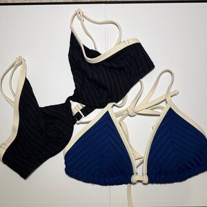 AERIE Bikini Tops — Black & Navy with Cream Trim